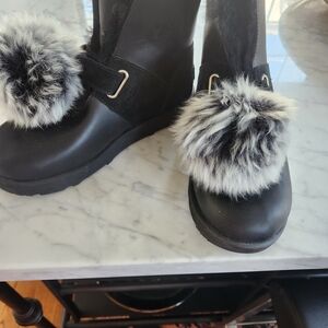 UGG Black Ankle Boots with Black-and-White Faux Fur Pom Poms